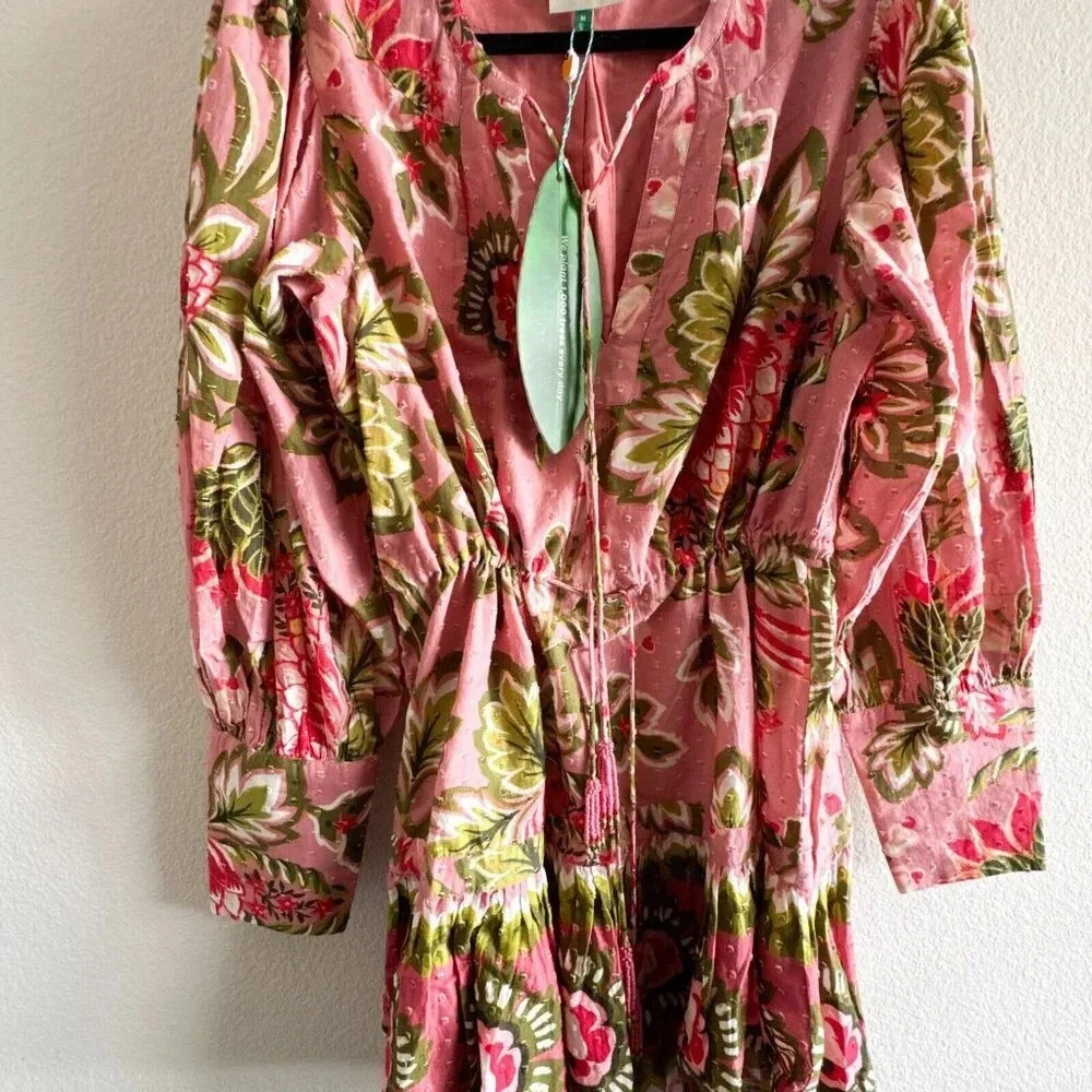 Farm Rio New Aura Floral Pink Tiered Mini Peasant Dress Medium Long Sleeve - Picture 5 of 15